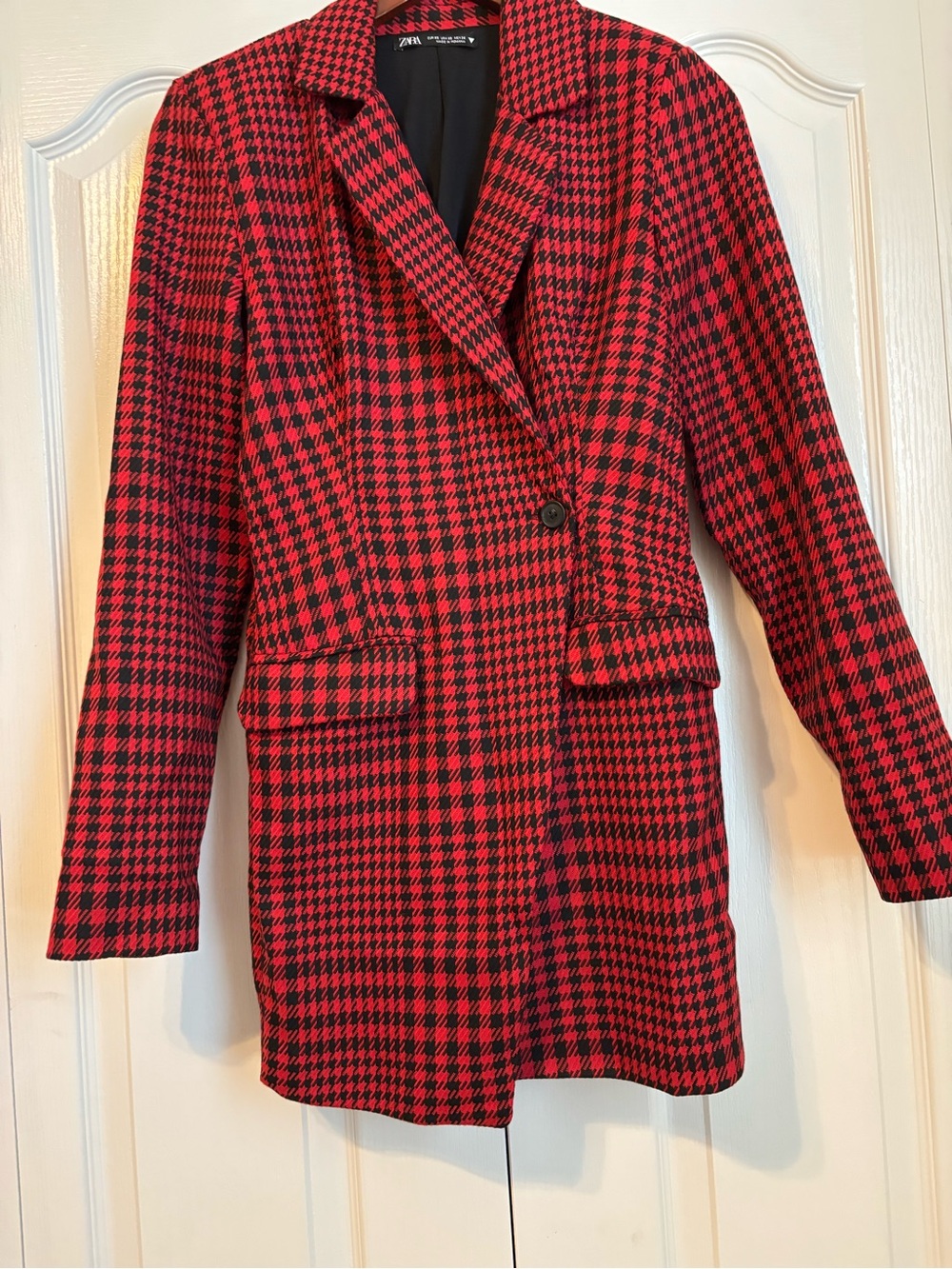 Zara Red & Black Houndstooth Single-Button Blazer romper size XS